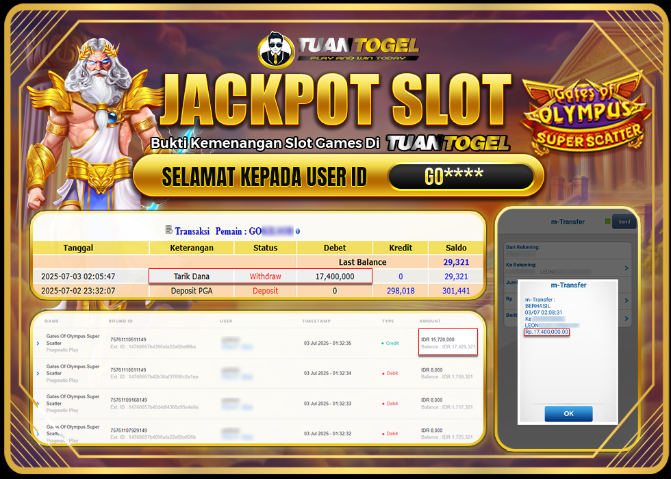 TUANTOGEL JACKPOT SLOT GATES OF OLYMPUS SUPER SCATTER Rp17.400.000, - LUNAS